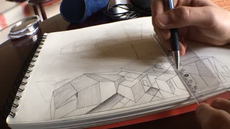 Time-lapse:-Caucasian-male-hands-drawing-square-structure-and-lines-with-mechanical-pencil-on-spiral-pad,-close-up