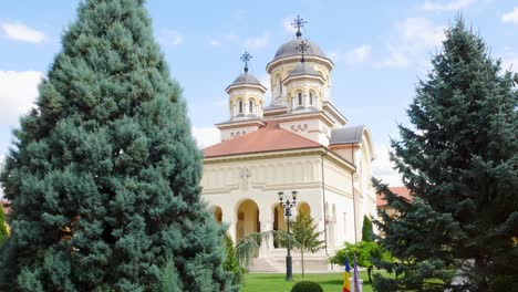 Tilt-up-shot-of-the-main-facade-of-the-orthodox-cathedral-in-Alba-Iulia