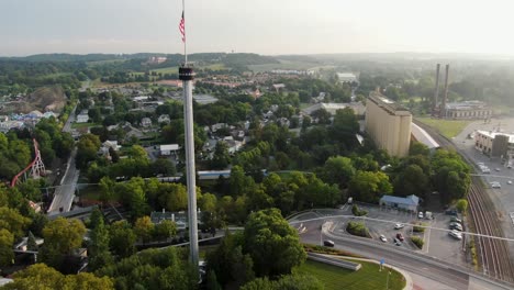 Aerial-drone-view-of-the-landmark-famous-Kissing-Tower-at-HersheyPark