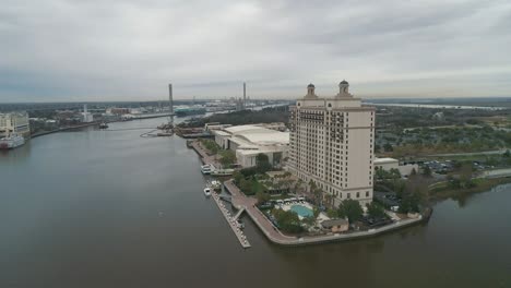 Aerial-View-of-The-Westin-and-The-Savannah-Convention-Center-With-Talmadge-Memorial-Bridge-in-the-Background-in-Savannah,-Georgia-USA