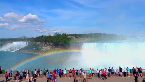 Panning-shot-of-tourists-gathered-around-Niagara-Falls,-with-a-stunning-rainbow-in-the-background