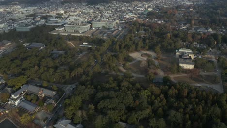 Nara-Koen-Aerial-View-at-Sunrise,-Tilt-to-reveal-Japanese-City-in-Background