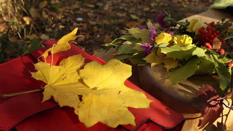 Close-up-view-of-yellow-maple-leaf-on-red-bag-resting-on-bench