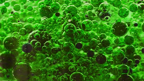 macro-shot-of-dark-green-bubbles-getting-mixed-in-water,-slowly-floating