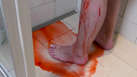 Ein-Mann-Wäscht-Seine-Füße-Und-Beine-Mit-Wasser,-Um-Die-Auf-Ihn-Gefallenen-Blutstropfen-Zu-Entfernen