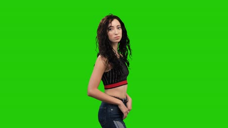 Sad-Caucasian-woman-with-long-curly-hair-turns-on-green-screen