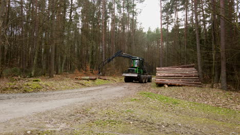 Forstfahrzeug-Bewegt-Heruntergefallene-Baumstämme-Vom-Straßenrand-Auf-Einen-Holzhaufen