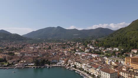 Aerial-view-of-Salo,-picturesque-idyllic-city-on-Lake-Garda-Coast-Lombardy-Italy-on-sunny-summer-day