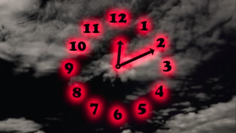 Neon-time-running-on-clock-animation-with-dark-thunderstorm-sky-in-background