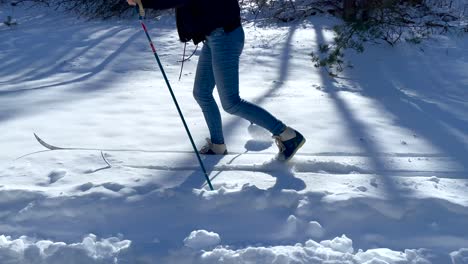 Frau-Geht-An-Sonnigen-Tagen-Mit-Skiern-Und-Stöcken-Durch-Den-Schnee