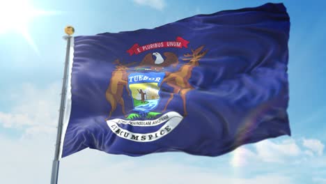 4k-3D-Darstellung-Der-Wehenden-Flagge-An-Einem-Pfosten-Des-Bundesstaates-Michigan-In-Den-Vereinigten-Staaten-Von-Amerika
