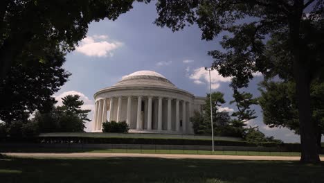 Static-shot-of-the-Jefferson-memorial-framed-by-trees-in-Washington-DC,-USA