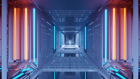 Motion-graphics-sci-fi:-travel-inside-futuristic-long-grey-mirrored-glass-square-tunnel-with-tiled-floor,-ceiling-and-walls-towards-white-blinking-lights