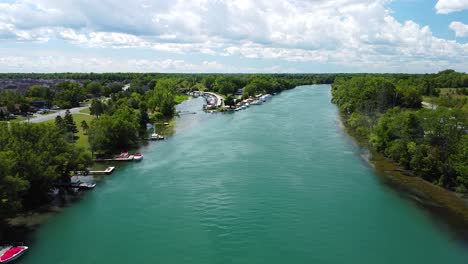 Aerial-forward-flight-over-beautiful-river-surrounded-by-parking-boats-during-sunny-day-in-Niagara-Falls,USA