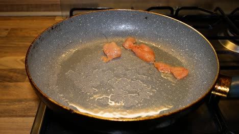 Putting-raw-chicken-breast-slices-into-hot-pan-for-dinner-preparation