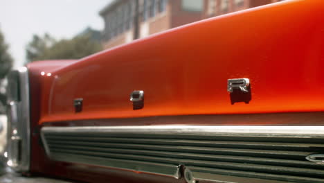Antique-Ford-Fairlane-rear-end-at-car-show,-Close-Up,-Slide-Right