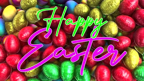Hi-quality-3D-animated-background-of-colorful-foil-wrapped-Easter-Eggs---with-the-message-"Happy-Easter"-in-colorful-text