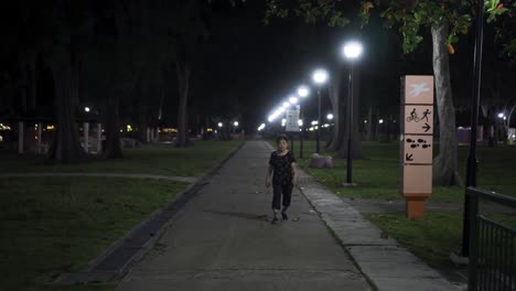 Elderly-woman-strolling-along-pathway-at-East-Coast-Park,-Singapore-while-it-is-dark-in-4k
