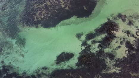Aerial-drone-footage-of-the-sea-and-the-coral-reef-at-sunset-in-Lanzarote-island,-Spain