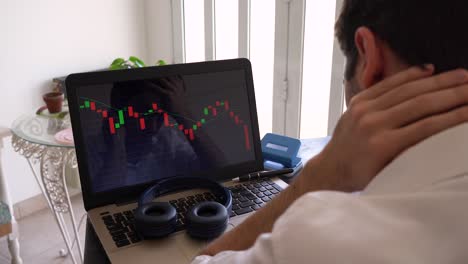 Sad-Man-Shaking-Head-While-Looking-At-Financial-Stock-Market-Bar-Chart-On-Laptop-Computer