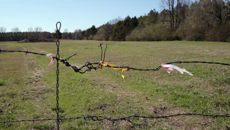 Flagging-tape-tied-to-a-section-of-barbed-wire-fencing-in-front-of-a-grassy-pasture-on-a-windy-day