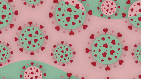 Videoschleife,-Coronavirus-Zellen,-Valentinstag-Liebesherzen-Animationshintergrund