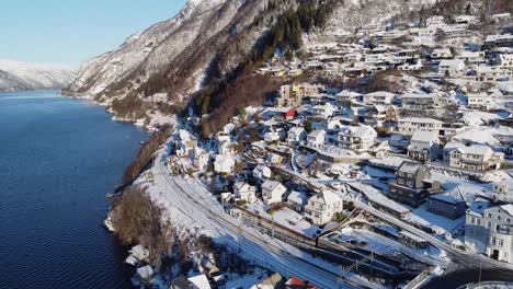 Overview-of-Vaksdal,-Veafjorden-and-Bergen-railroad-going-to-Voss-and-Oslo---Norway-aerial