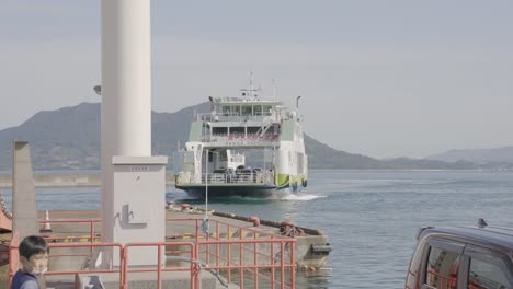 Arriving-ferry-between-islands,-Inland-Sea-of-Japan-in-Hiroshima-Prefecture