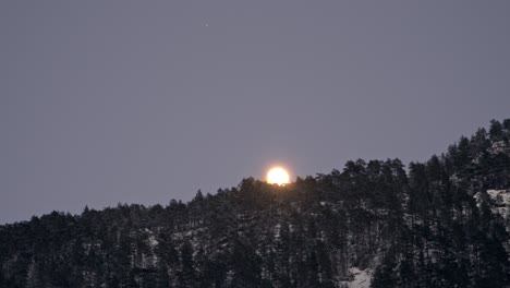 Beautiful-bright-shining-full-moon-rising-behind-trees-and-over-snow-covered-mountain