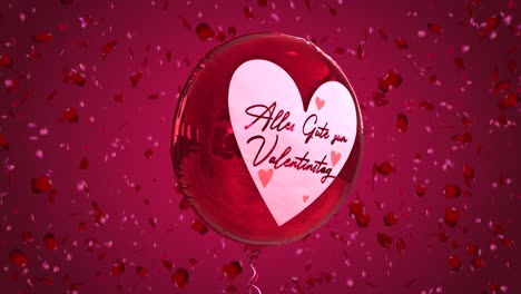 High-quality-seasonal-motion-graphic-celebrating-St-Valentine's-Day,-with-pink-and-red-color-scheme,-balloon-and-falling-red-and-pink-rose-petals---German-message-reads-"Alles-gute-zum-Valentinstag