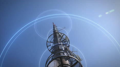 Low-angle-view-of-5G-communication-mast-against-blue-sky-sends-signal-waves-into-the-world