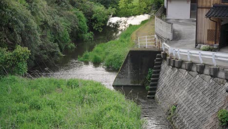 Rural-Japanese-Town-with-river-and-weir,-Daisen-Town,-Tottori-Japan