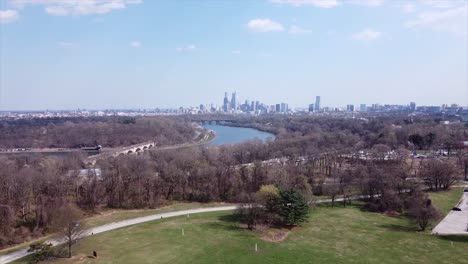 Drone-shot-over-Belmont-Plateau-of-the-Philadelphia-skyline