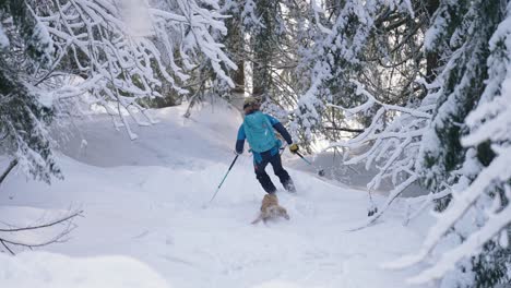 Vista-De-Acción-Extrema-Del-Hombre-Esquiando-Con-Un-Perro-Amigo-A-Través-Del-Bosque.