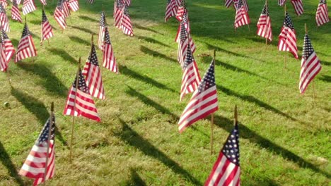 Nahaufnahme-Von-US-Flaggen,-Die-Im-Wind-Flattern-Und-Einen-Schatten-Auf-Den-Grünen-Rasen-Werfen