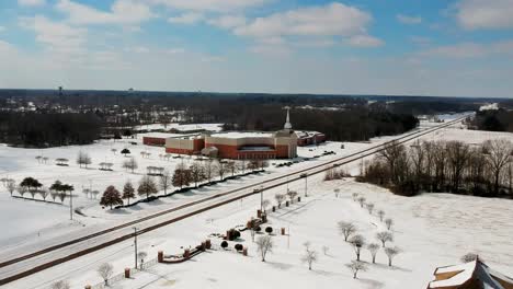 Church-traffic-in-the-snow-from-drone
