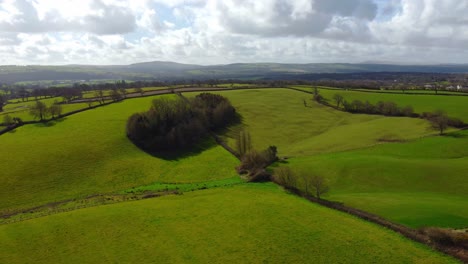 A-smooth-wide-aerial-pan-over-a-few-grass-fields-surrounding-a-cluster-of-trees