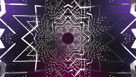 Silberner-Abstrakter-Hintergrund,-Wunderschöner-Abstrakter-Symmetrie-Kaleidoskop-Stil,-Fließende-Leuchtende-Linien,-Maurischer-Sternentunnel-Stil