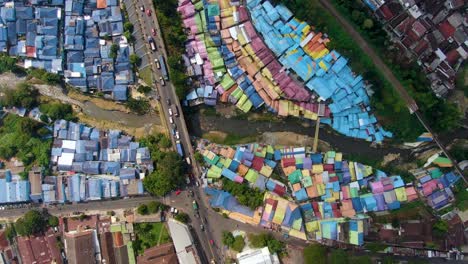 Colourful-suburb-of-Malang-Jodipan-village,-East-Java-Indonesia,-aerial-top-view