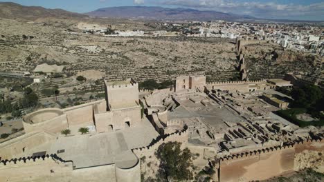 Aerial-View-of-historical-walled-fortification,-fortress-Alcazaba-of-Almeria