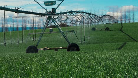 Center-pivot-irrigation-machine-automated-water-spraying-on-green-crops,-future-farming