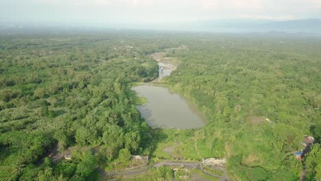 Sobrevuelo-Aéreo-Gran-Río-Que-Contiene-Una-Pequeña-Cantidad-De-Agua-Con-Vegetación-Arbórea-En-Indonesia,-Asia