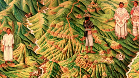 Wandmalerei,-Die-Verschiedene-Regionen-Mexikos-Und-Ihre-Bräuche-Und-Traditionellen-Kleider-Darstellt