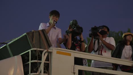Anti-Government-Protest-Leader-in-Thailand,-Student-Leader-holding-Speech-at-Night-on-Truck-at-Mob-Fest-in-Bangkok-Thailand