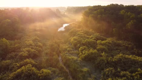 Flying-over-a-creek-with-water-during-sunrise-on-a-foggy-and-sunny-morning