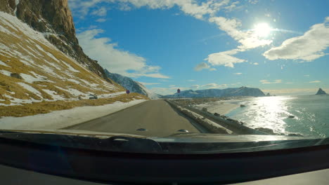 Driving-through-the-most-dangerous-part-of-the-scenic-route-on-andoya,-Stone-avalanche-area-towards-Bleik,-Norway-4k