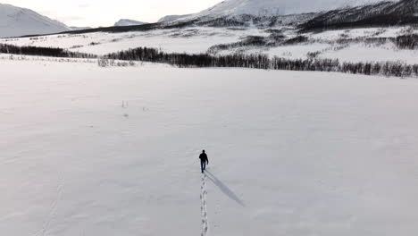 Man-Walking-In-Immaculate-Snow-In-Snowy-Scandinavian-Valley,-Aerial