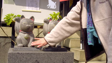 TOKYO,-JAPAN-circa-April-2020:-man-worshipping-at-traditional-Japanese-shrine,-patting-pair-of-lucky-cats-for-good-fortune-in-sunny-spring-day
