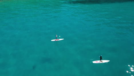 Tourists-Paddle-Boarding-On-Blue-Waters-Of-Lake-Tahoe-In-Summer---aerial-drone-shot