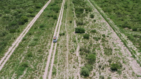 Aerial-Of-A-Safari-Land-Rover-Driving-Across-Fence-Line-Savannah-Of-Central-Kalahari-Game-Reserve,-Botswana